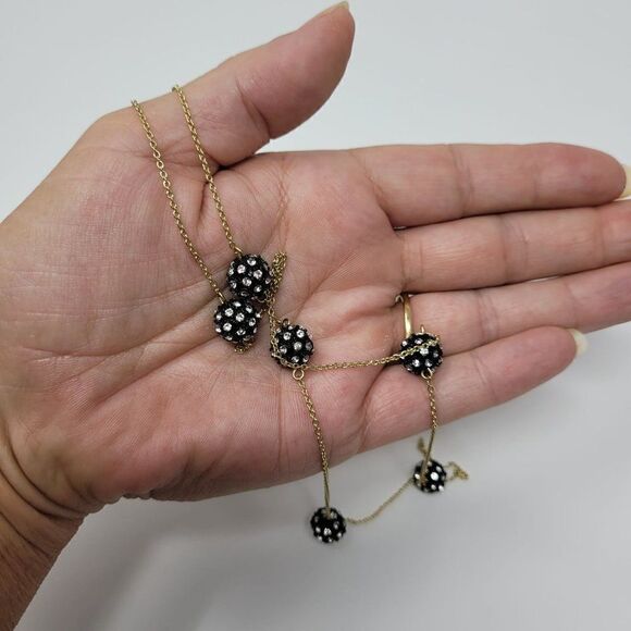 Ann Taylor Rope Necklace Gold Tone Chain Satellite Black Rhinestones Spheres - Picture 8 of 12